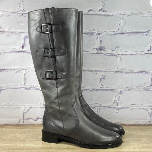ECCO Hobart 25 Gray Leather Riding Boots Women's 36 Buckle Strap Tall Knee High - Picture 1 of 9